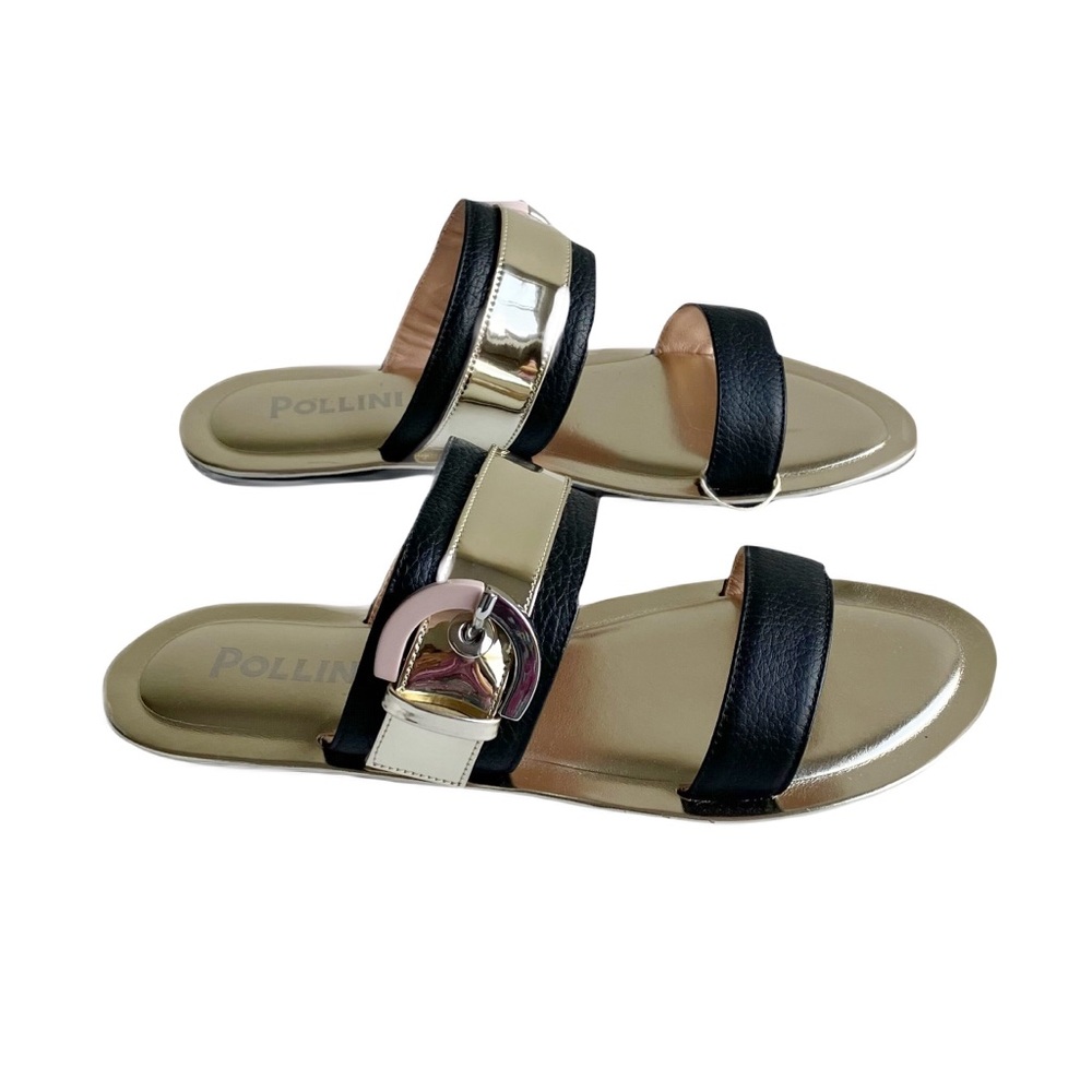 Pollini Leather Strappy Sandals Size 38 Gold Buckle Black Slides Open Toe Resort - Picture 2 of 14